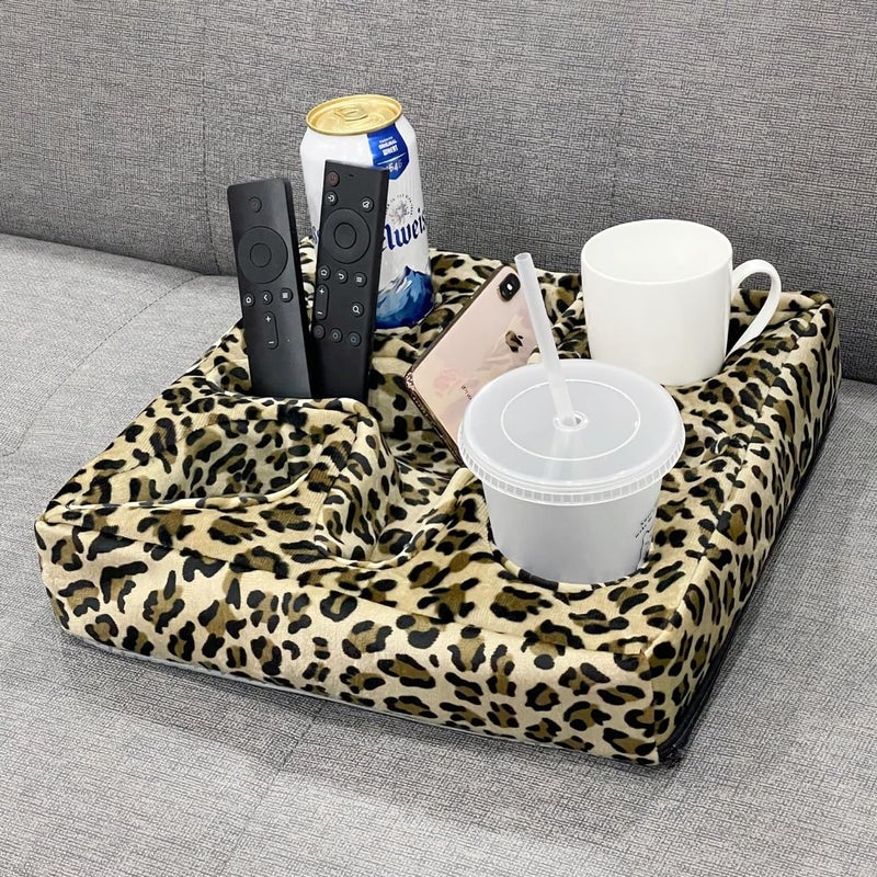 Xchouxer Couch and Bed Cup Holder Pillow, Sofa Refreshment Tray for Drinks/Remote Control/Snacks Holder (Leopard) - Image 2